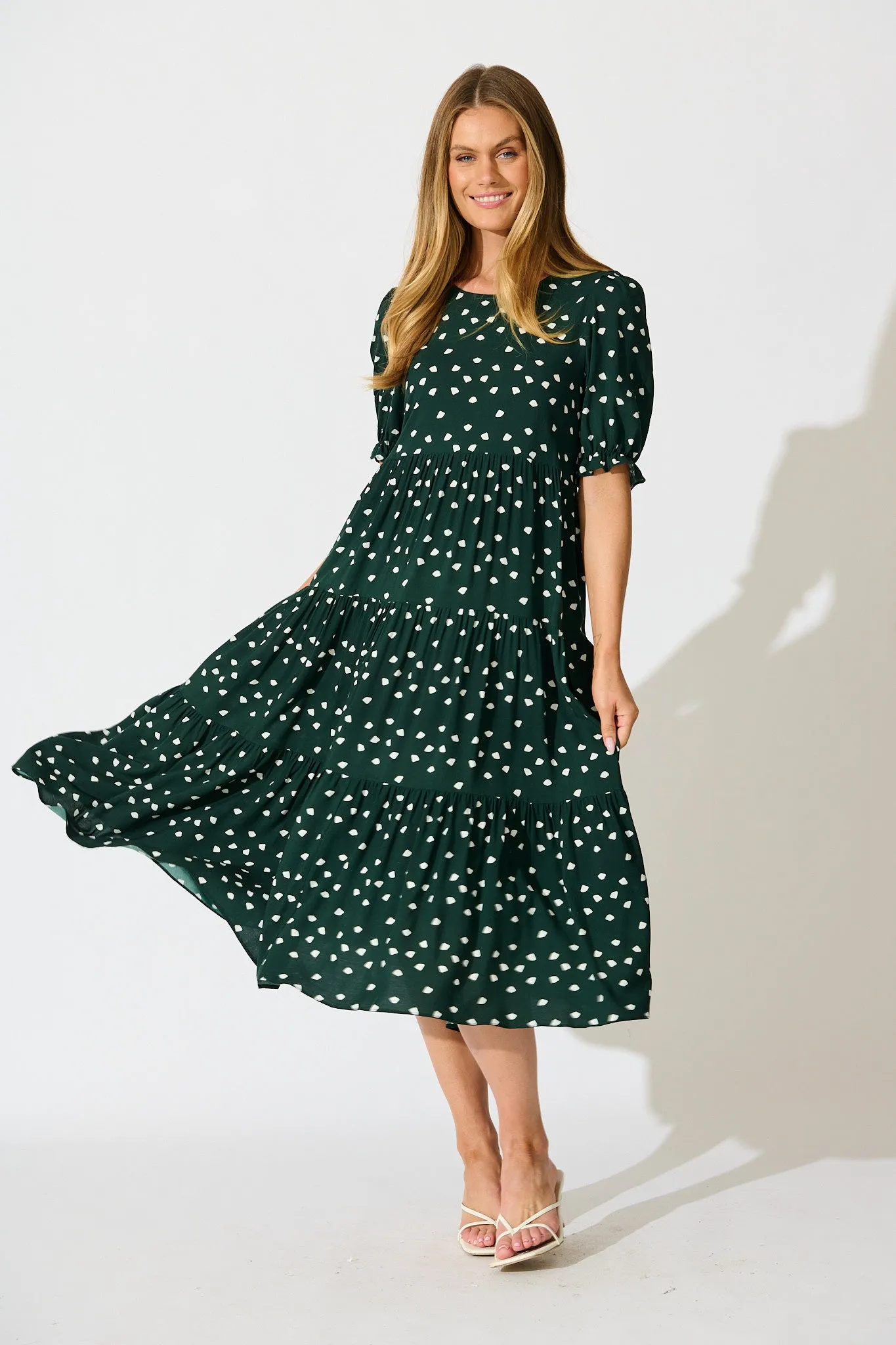 Nevi Tiered Midi Dress In Emerald Spot sold by St Frock