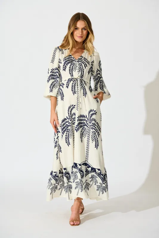 Jazelle Maxi Dress In White Palm Print Linen Blend sold by St Frock
