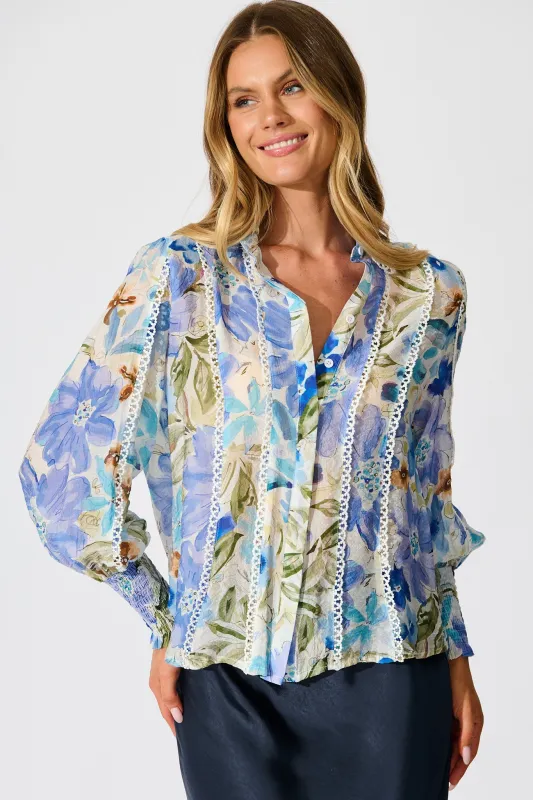 Meadow Mist Shirt in Blue Floral sold by St Frock