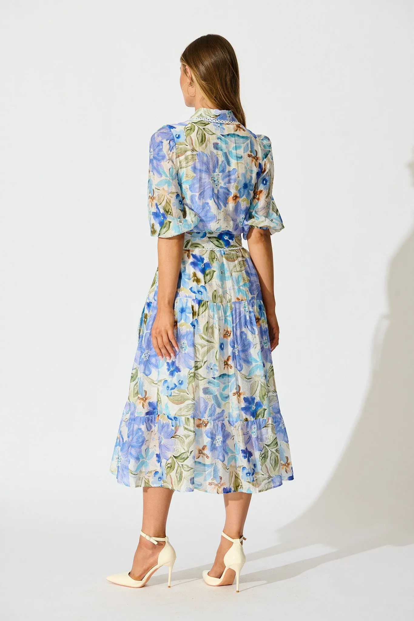 Wildflower Sky Midi Shirt Dress in Blue Floral sold by St Frock product image thumbnail 4