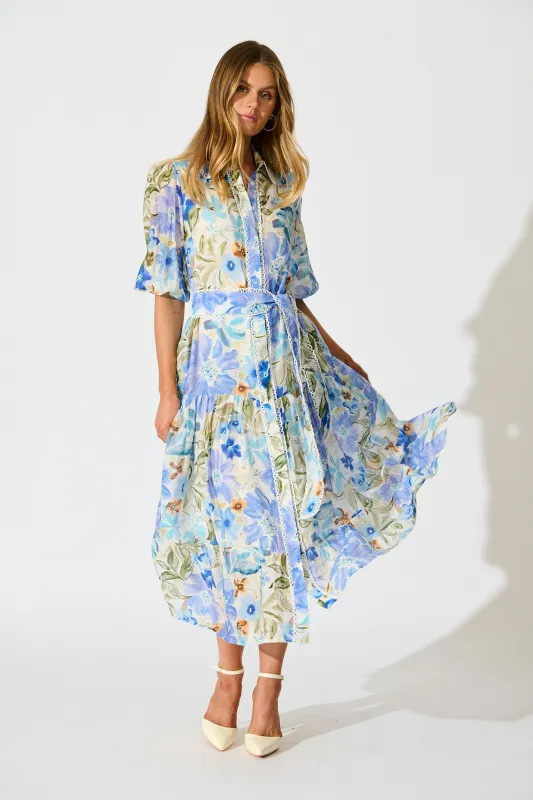 Wildflower Sky Midi Shirt Dress in Blue Floral sold by St Frock