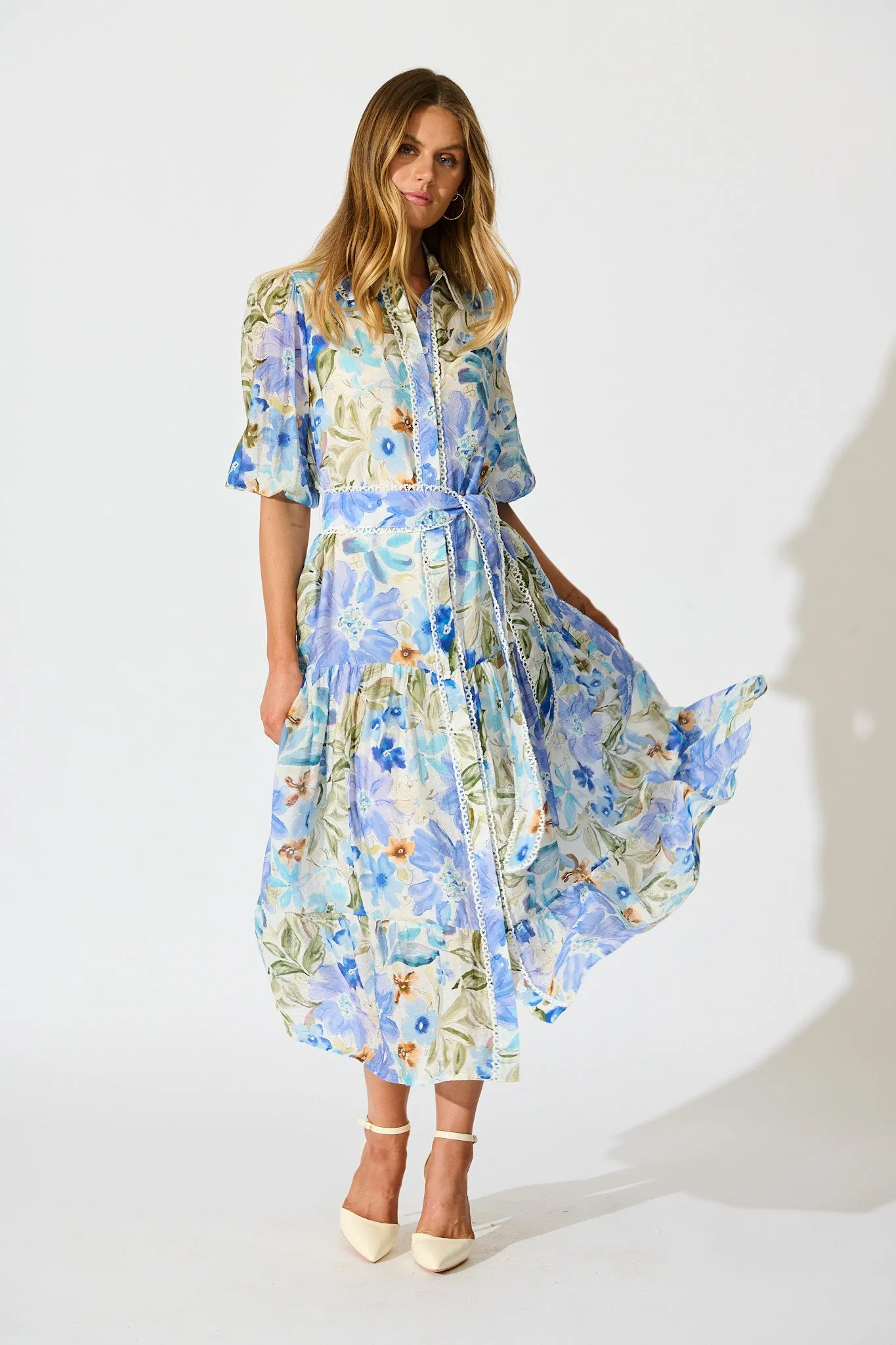 Wildflower Sky Midi Shirt Dress in Blue Floral sold by St Frock