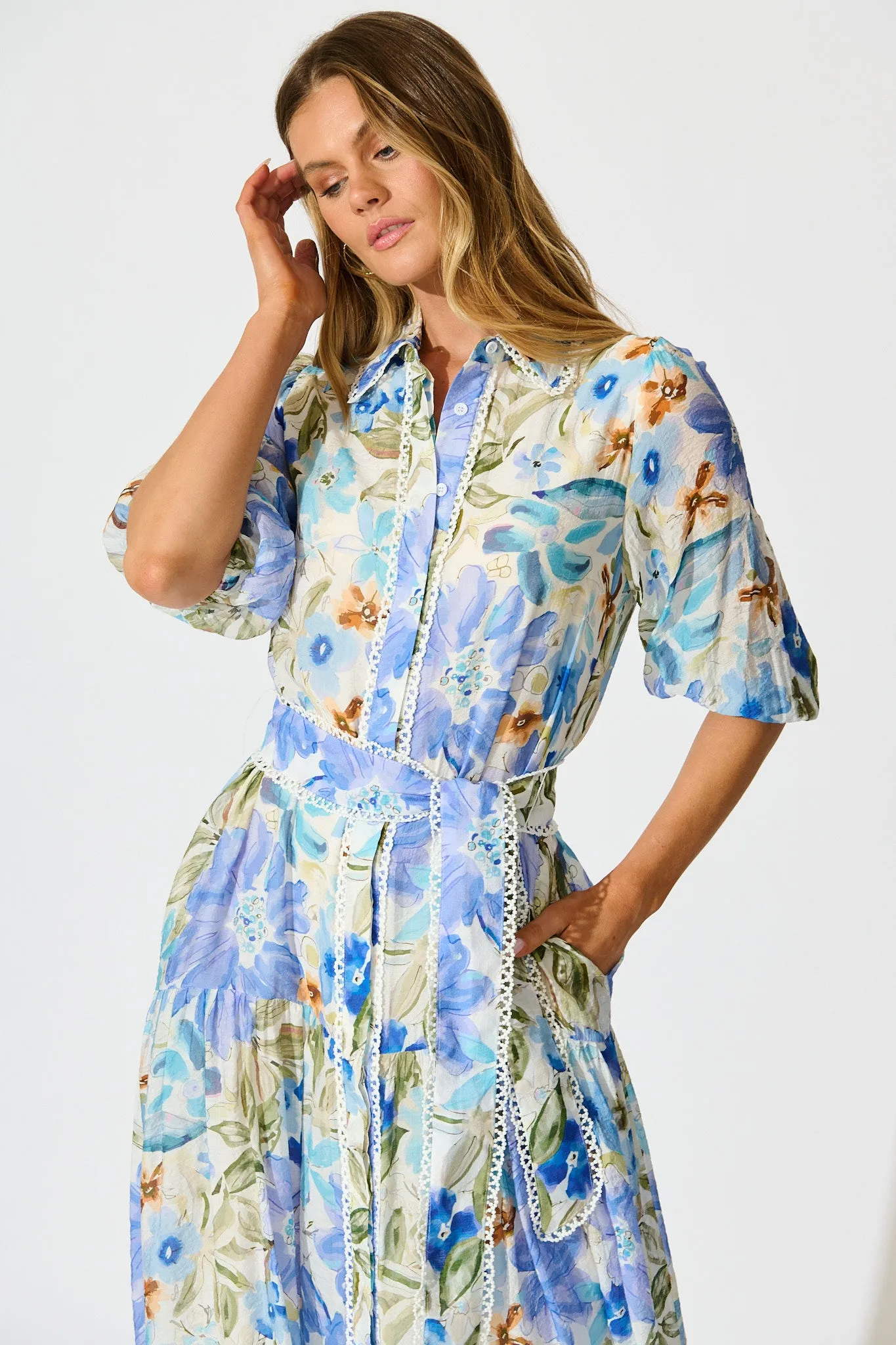 Wildflower Sky Midi Shirt Dress in Blue Floral sold by St Frock product image thumbnail 2