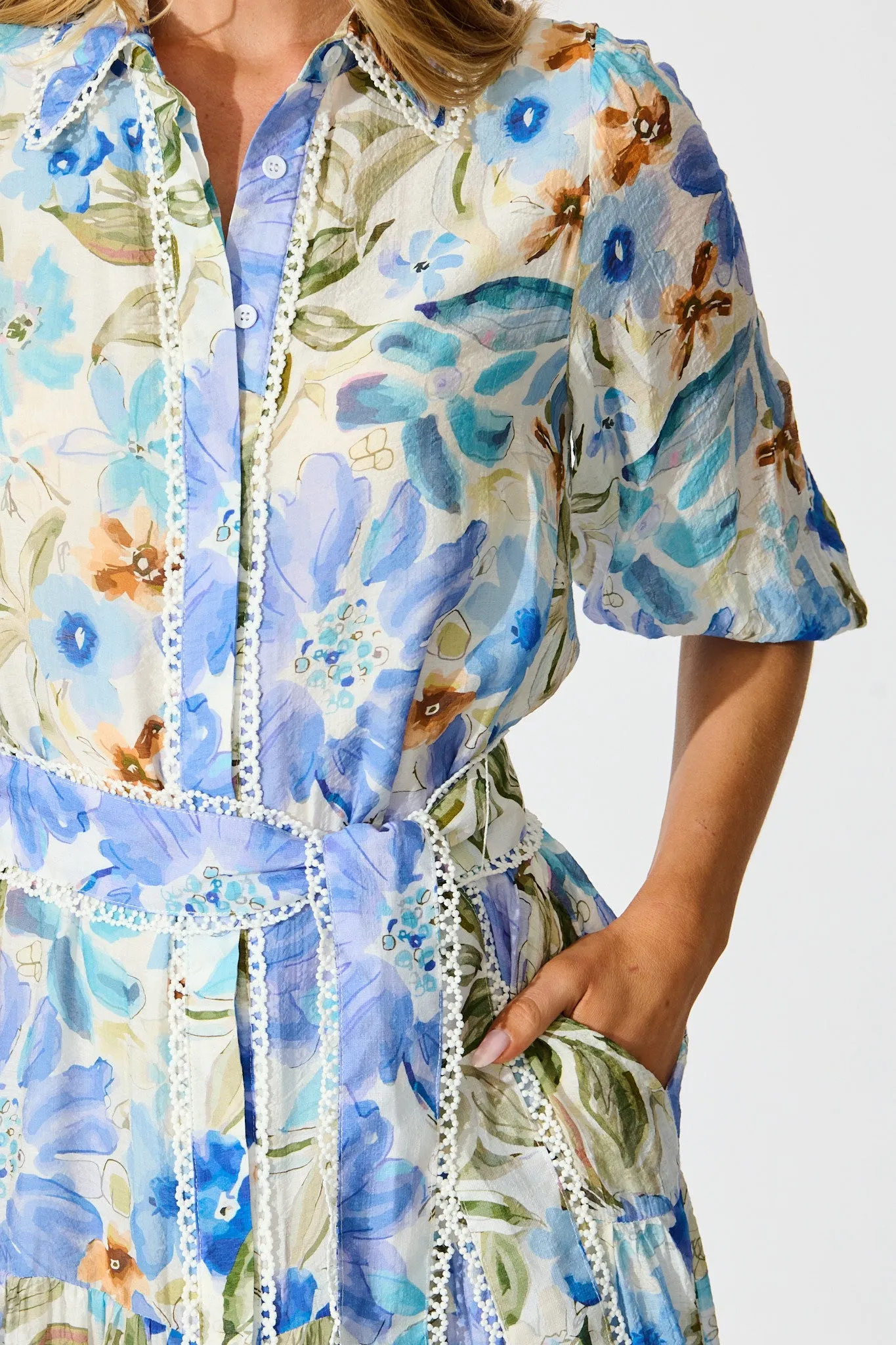 Wildflower Sky Midi Shirt Dress in Blue Floral sold by St Frock product image thumbnail 5