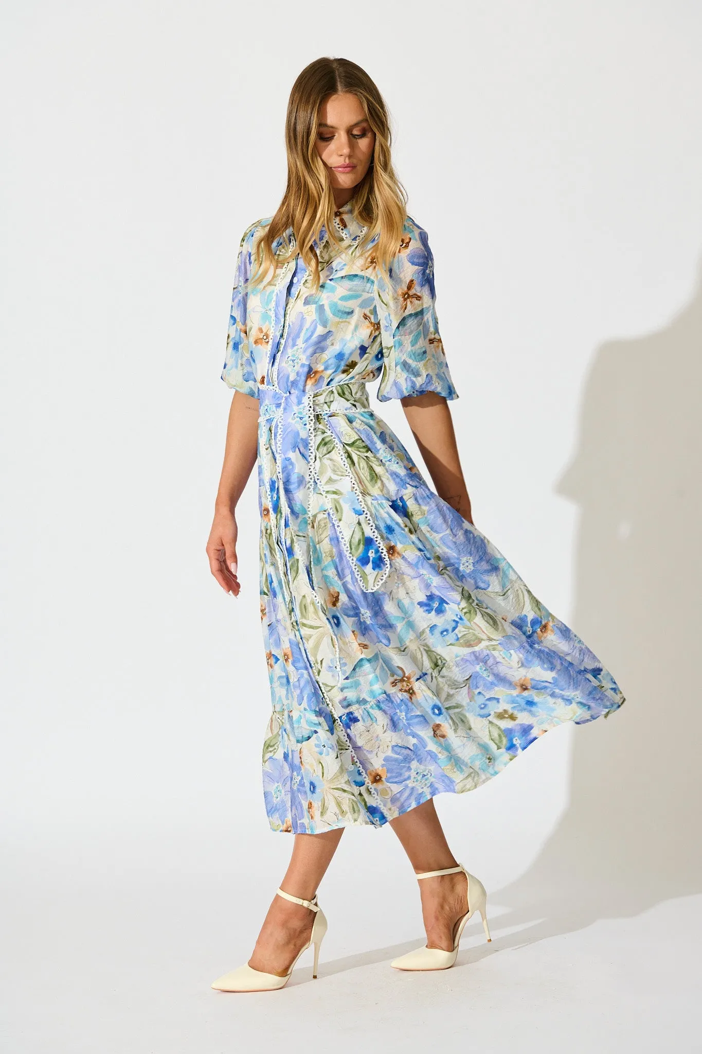 Wildflower Sky Midi Shirt Dress in Blue Floral sold by St Frock product image thumbnail 3