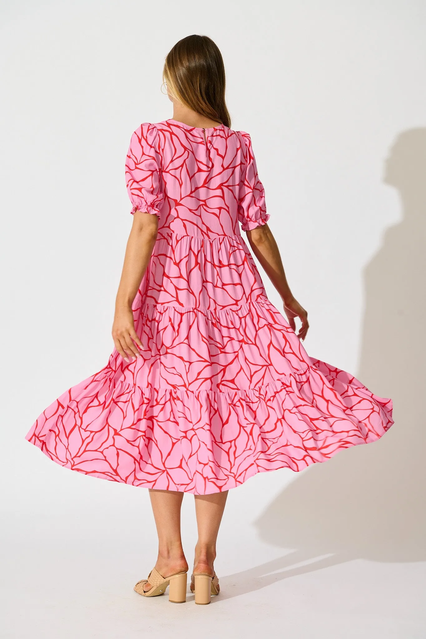 Nevi Tiered Midi Dress In Pink With Red Swirl Print sold by St Frock product image thumbnail 4
