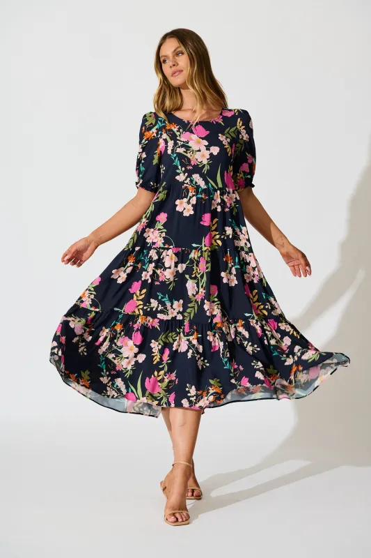 Nevi Tiered Midi Dress In Navy Multi Floral sold by St Frock