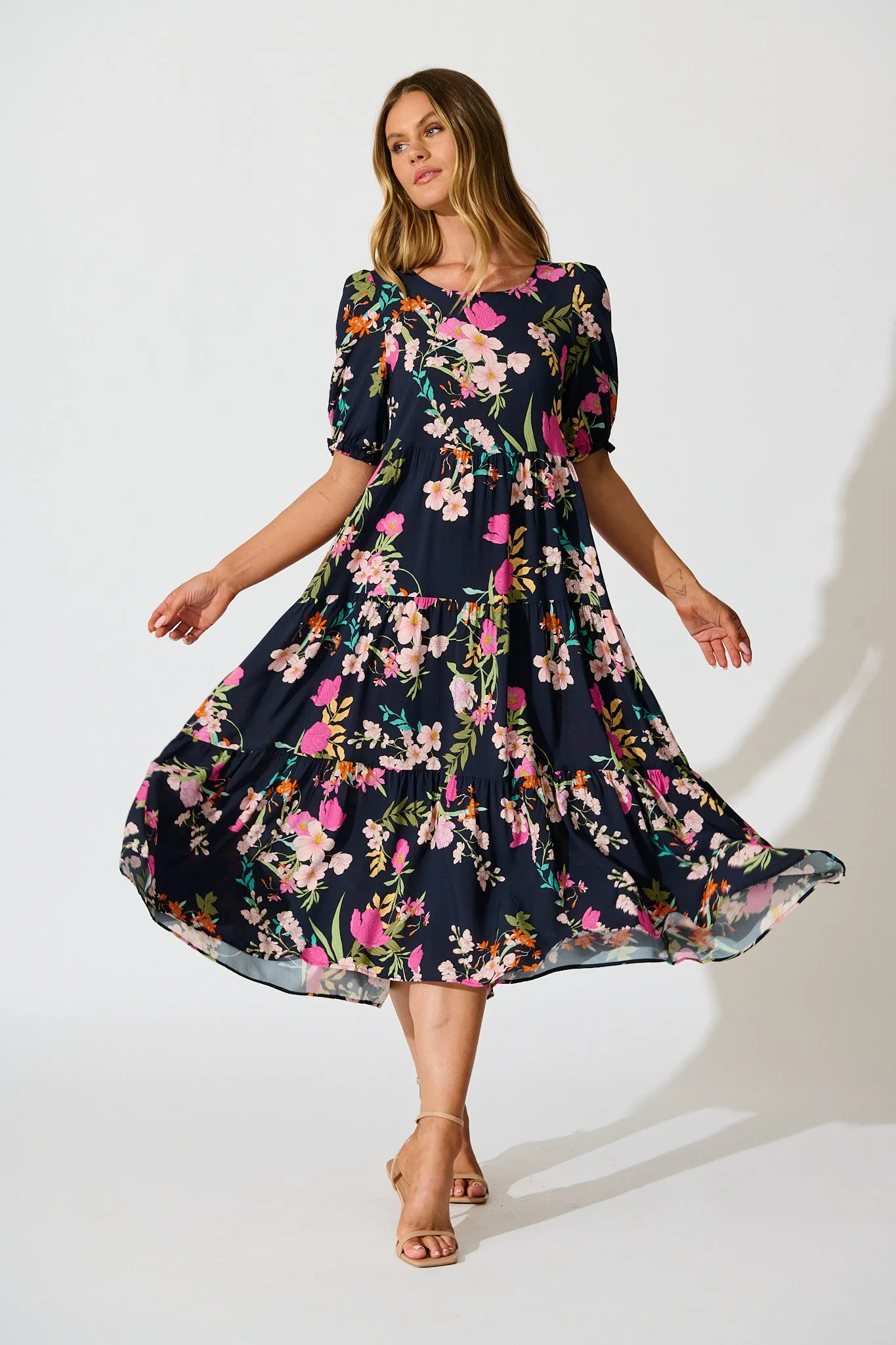 Nevi Tiered Midi Dress In Navy Multi Floral sold by St Frock