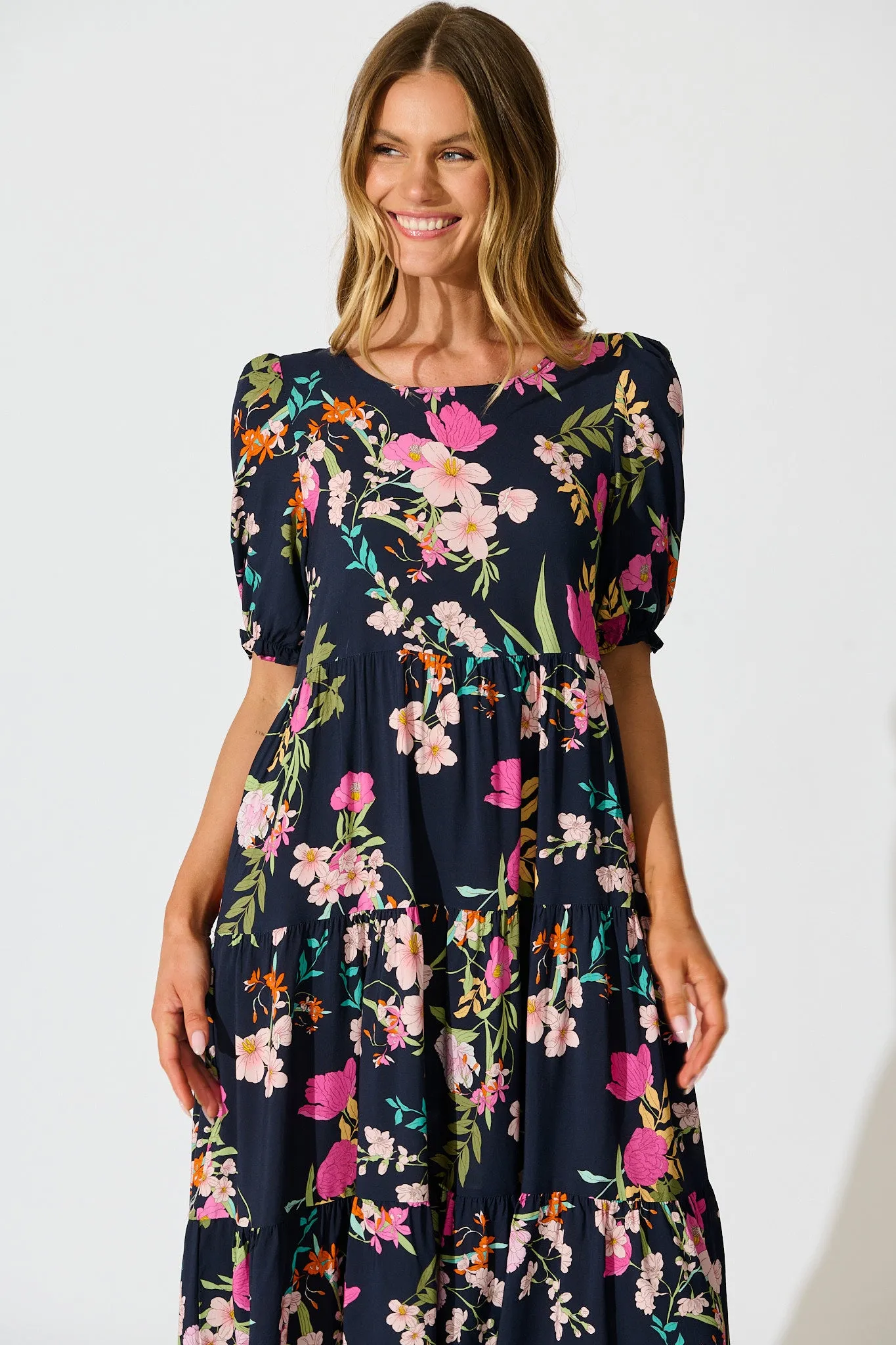 Nevi Tiered Midi Dress In Navy Multi Floral sold by St Frock product image thumbnail 2