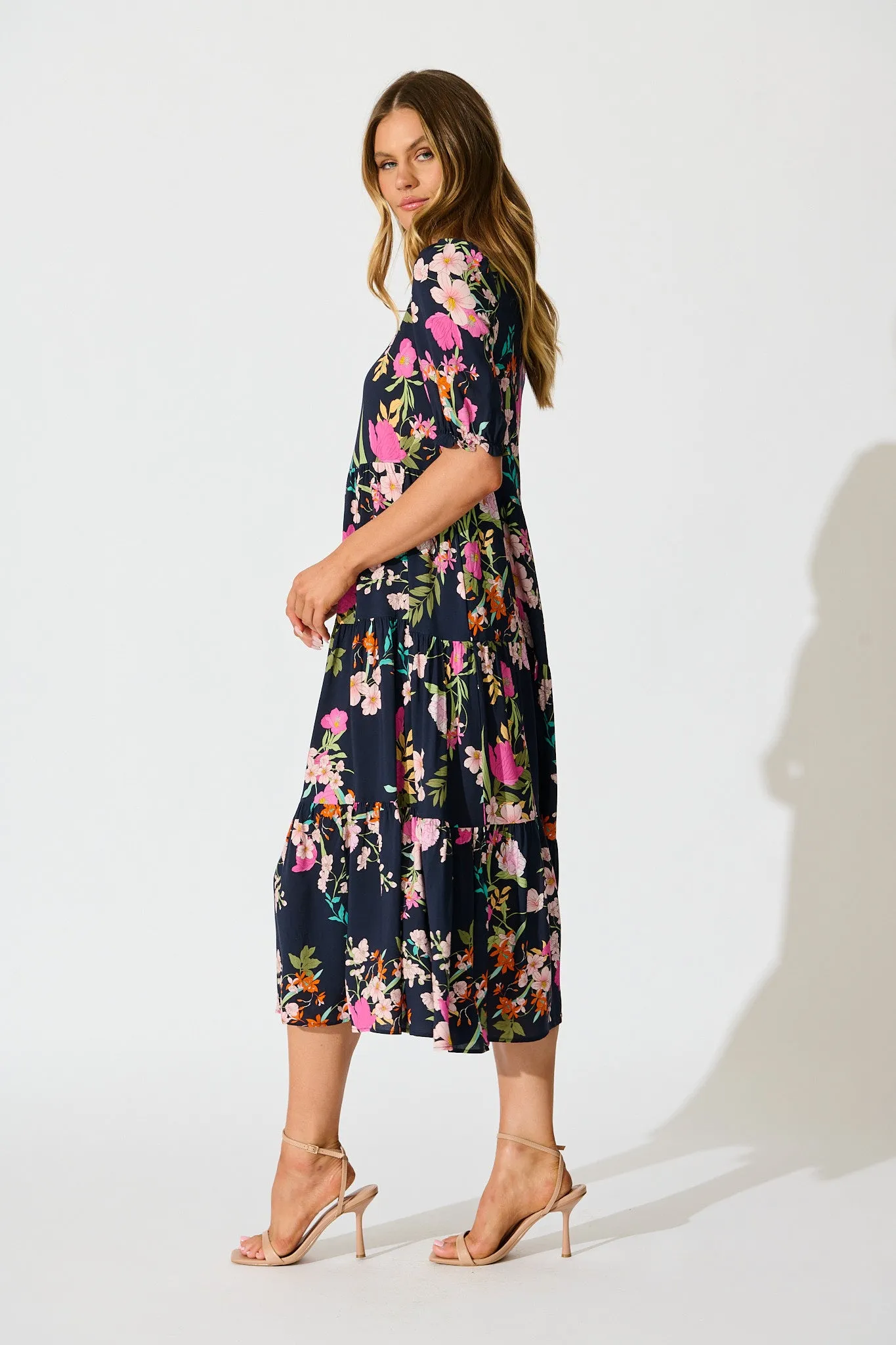 Nevi Tiered Midi Dress In Navy Multi Floral sold by St Frock product image thumbnail 3
