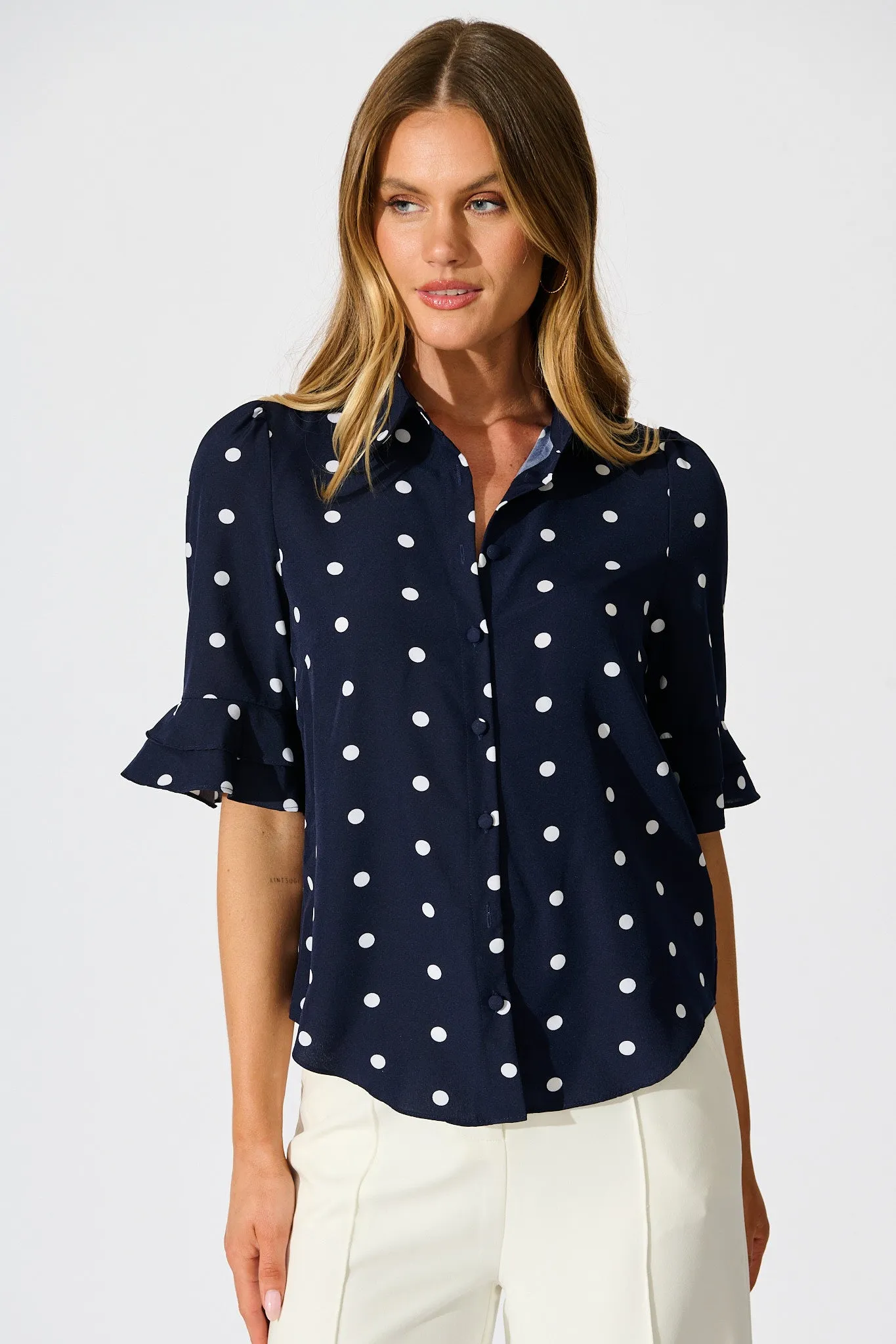 Perfectly Placed Shirt in Navy with White Spot sold by St Frock