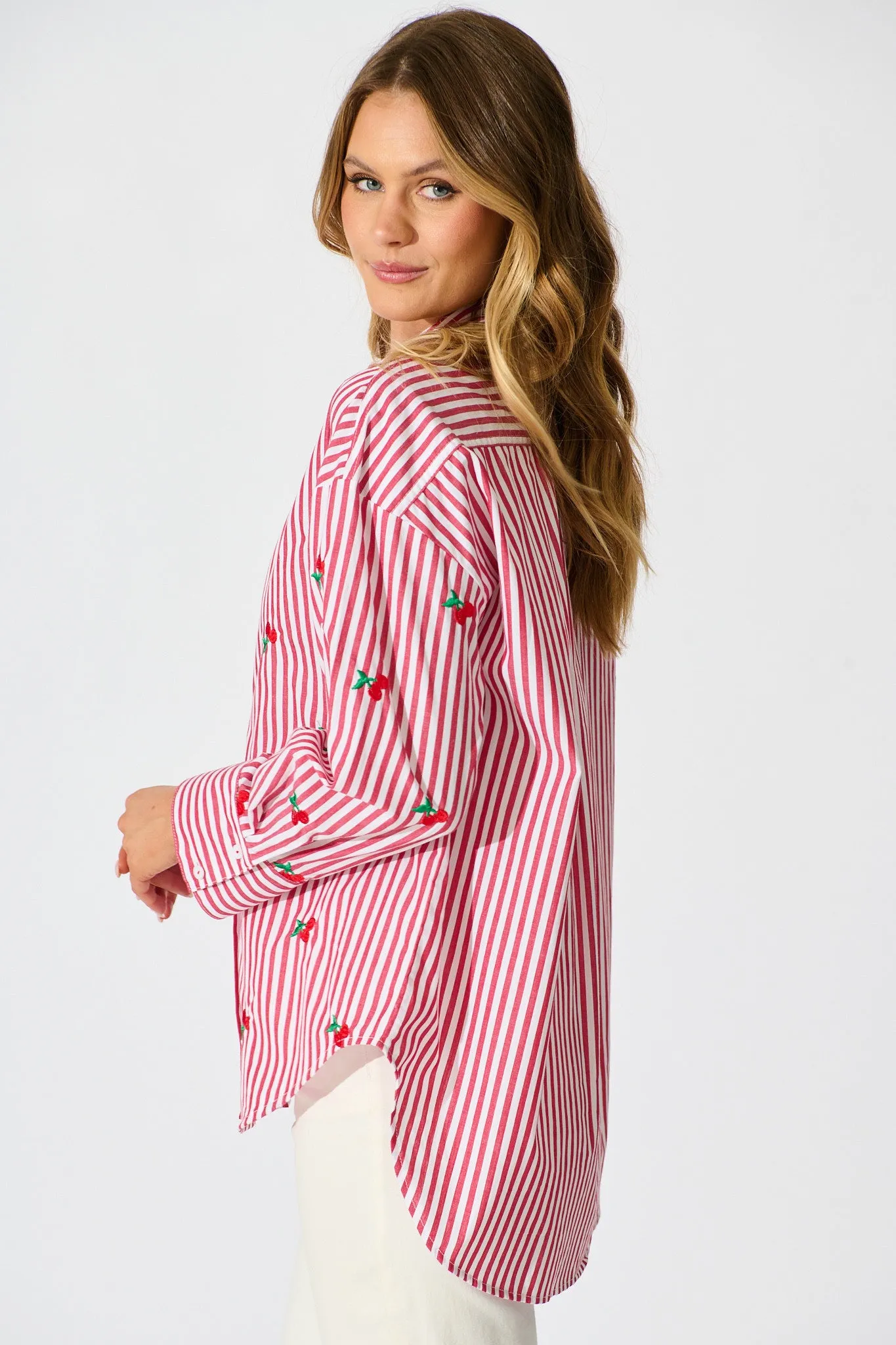 Cherry On Top Shirt in Red Stripe with Cherry Embroidered sold by St Frock product image thumbnail 2