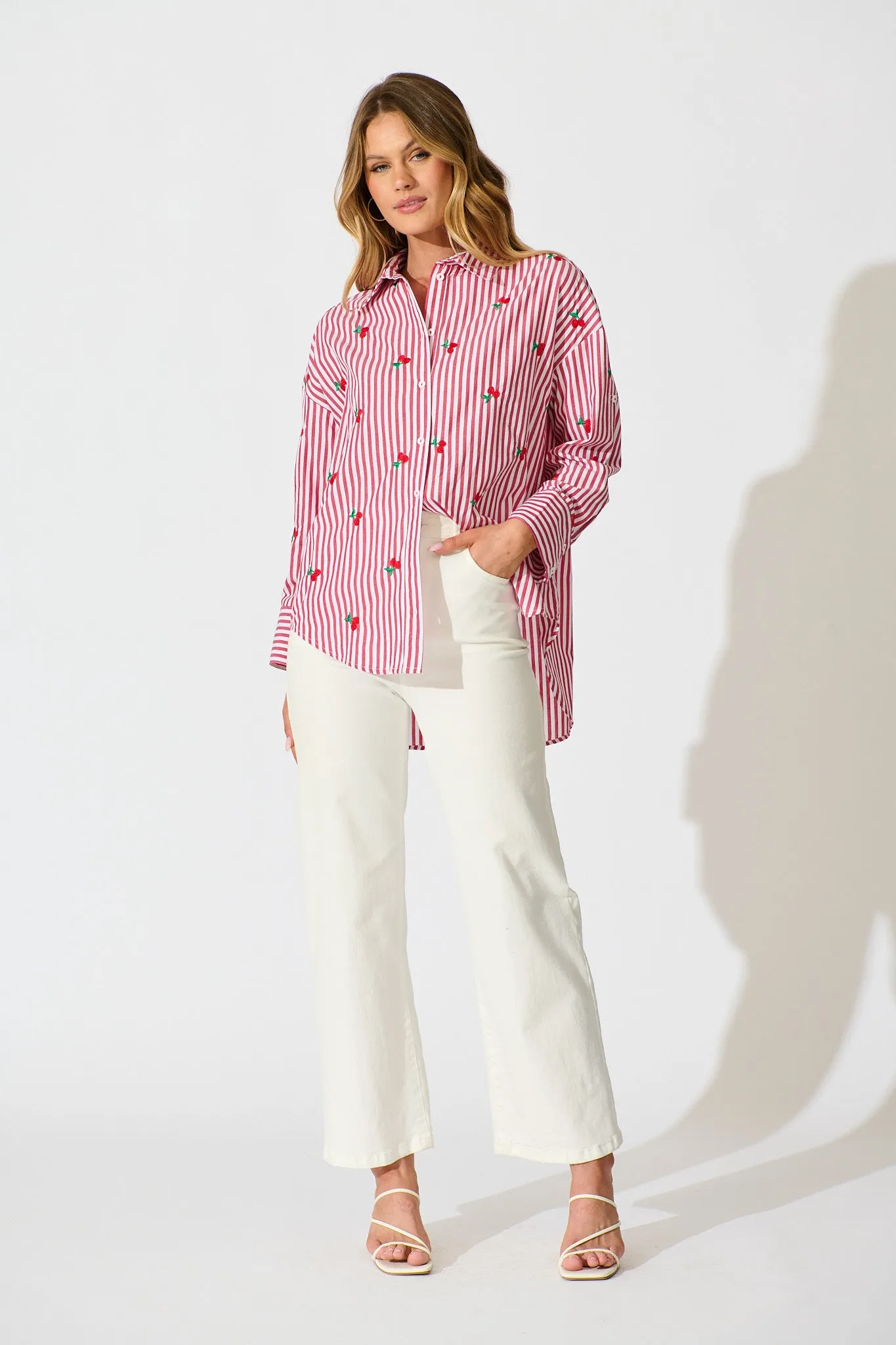 Cherry On Top Shirt in Red Stripe with Cherry Embroidered sold by St Frock product image thumbnail 4