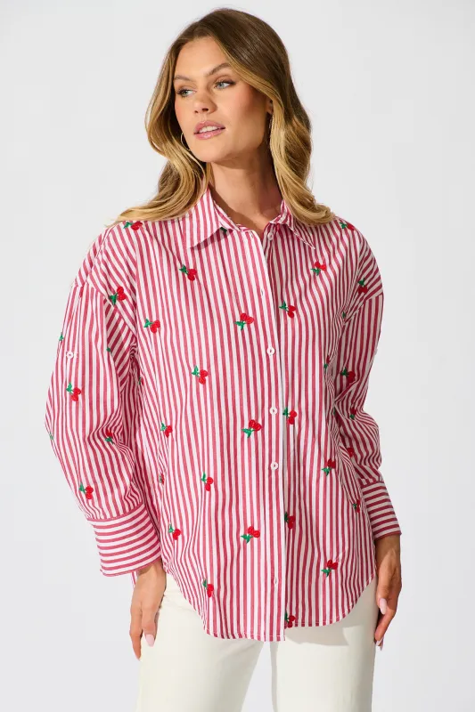 Cherry On Top Shirt in Red Stripe with Cherry Embroidered sold by St Frock