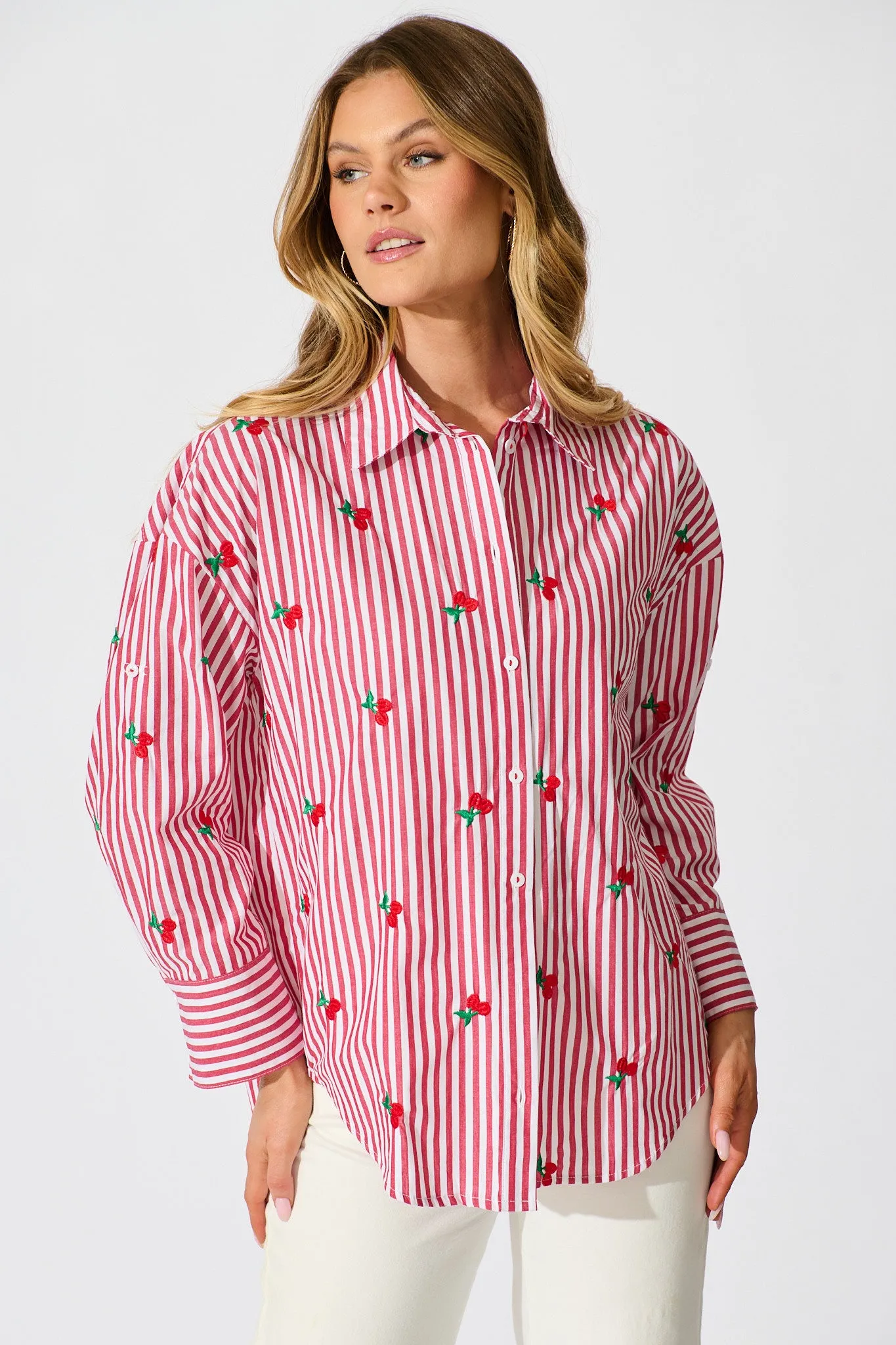 Cherry On Top Shirt in Red Stripe with Cherry Embroidered sold by St Frock