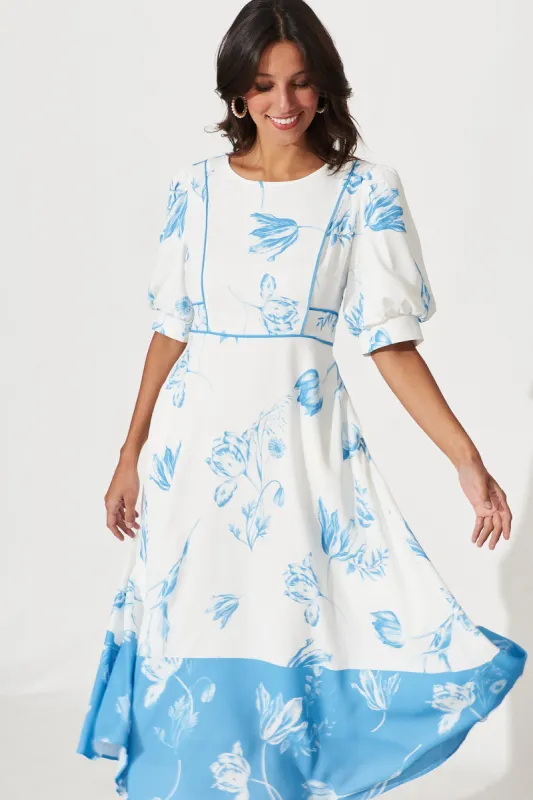 Lola Midi Dress In White With Blue Floral Print sold by St Frock