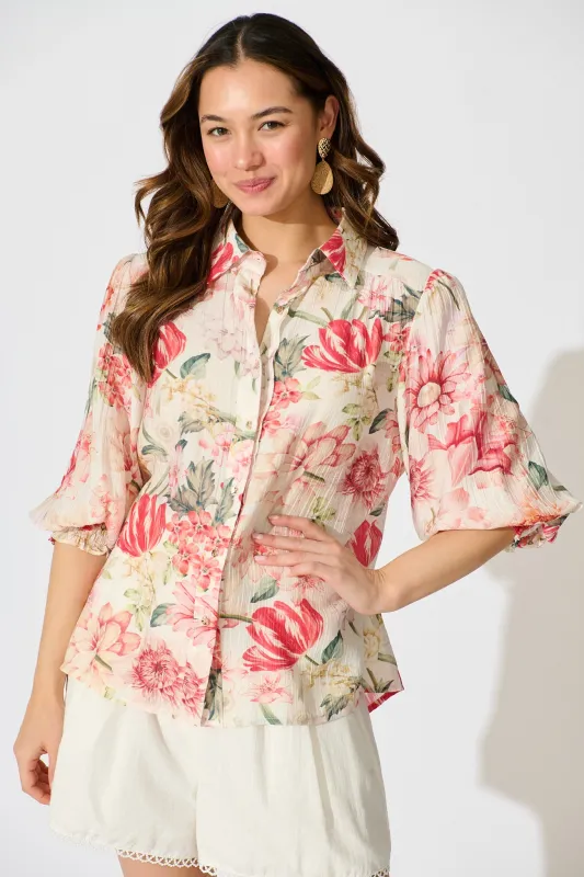 Orchard in Bloom Shirt in Cream with Multi Floral sold by St Frock