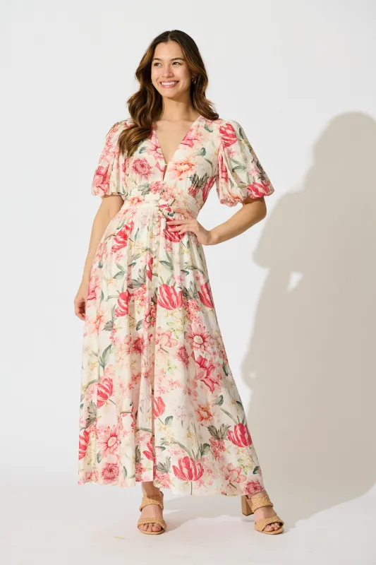 Botanical Romance Maxi Dress in Cream with Multi Floral sold by St Frock