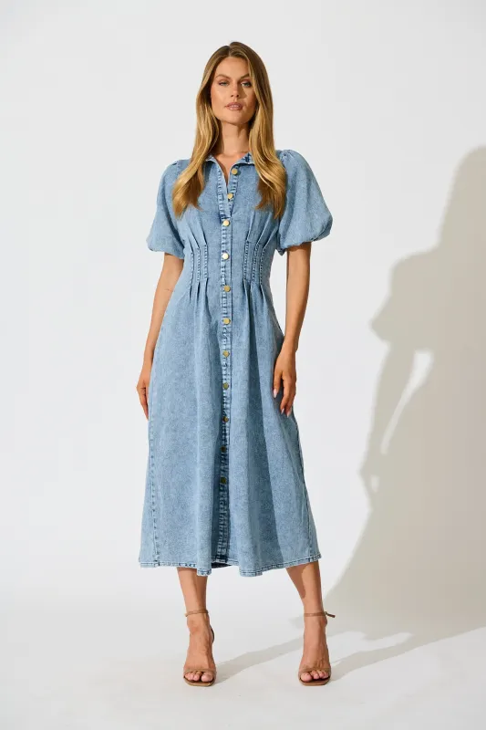 Fine Form Midi Dress in Mid Blue Denim made by St Frock