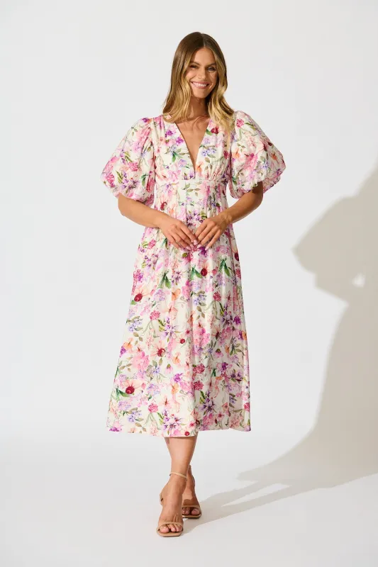 Bloom & Belle Midi Dress in White with Lilac Floral sold by St Frock