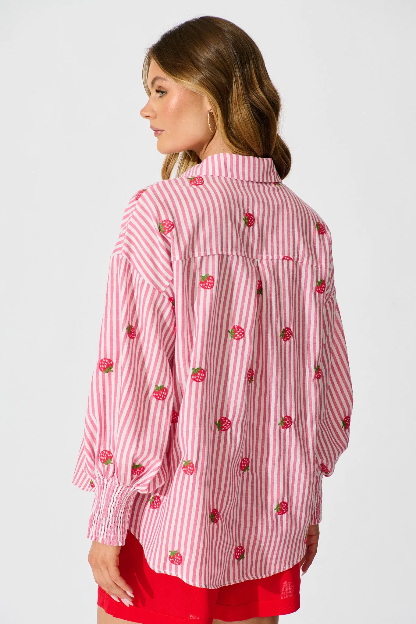 Strawberry Fields Shirt In Pink Stripe Embroidered Cotton sold by St Frock product image thumbnail 3