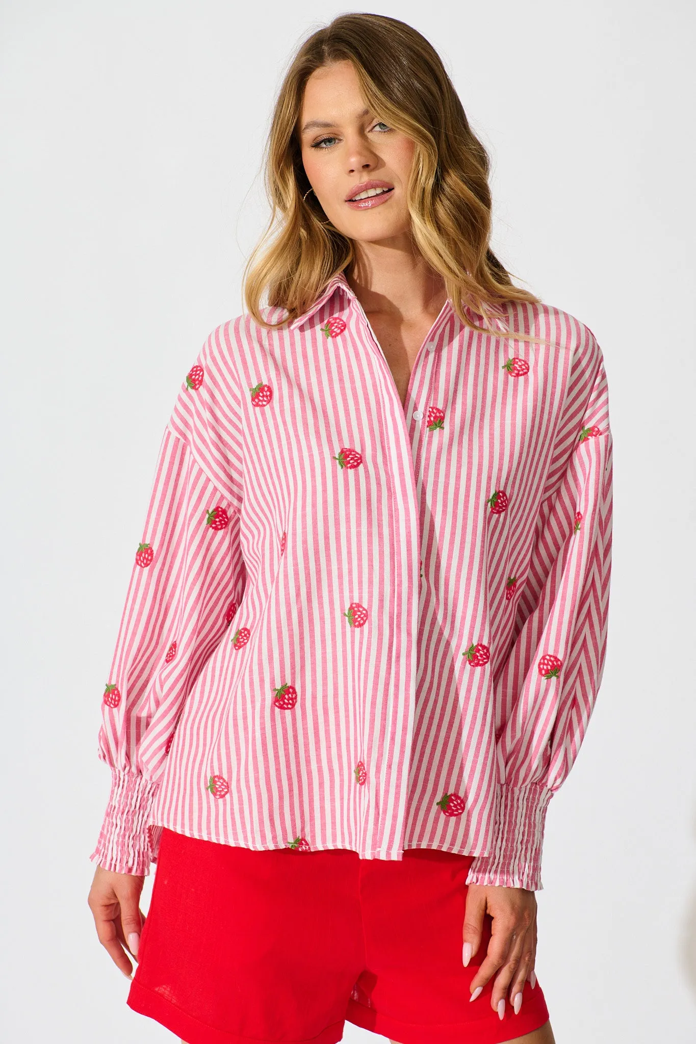 Strawberry Fields Shirt In Pink Stripe Embroidered Cotton sold by St Frock
