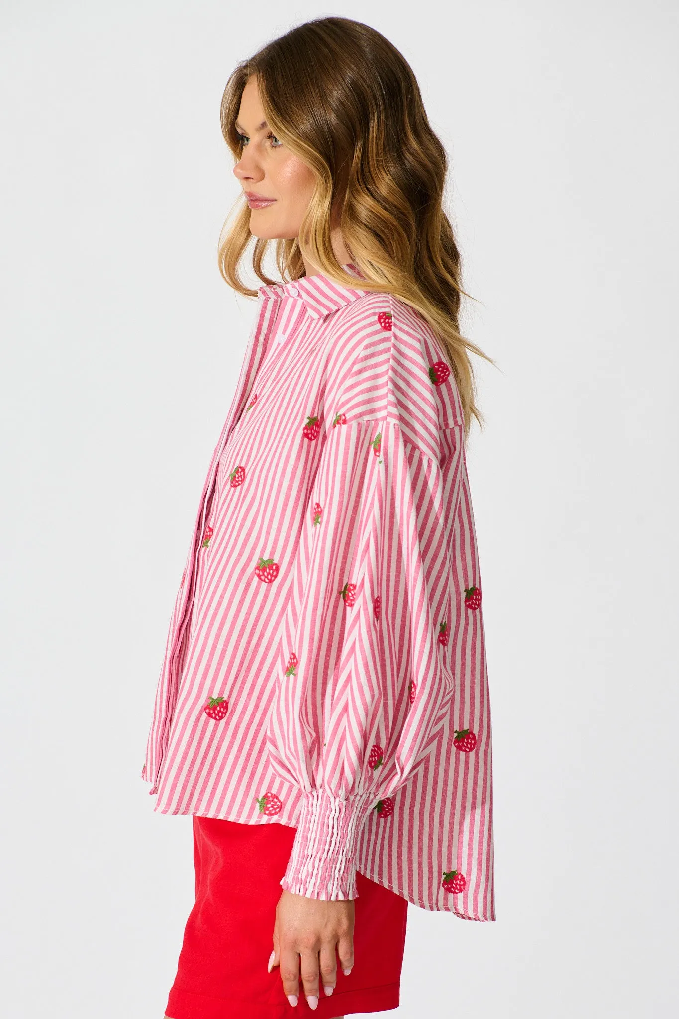 Strawberry Fields Shirt In Pink Stripe Embroidered Cotton sold by St Frock product image thumbnail 2