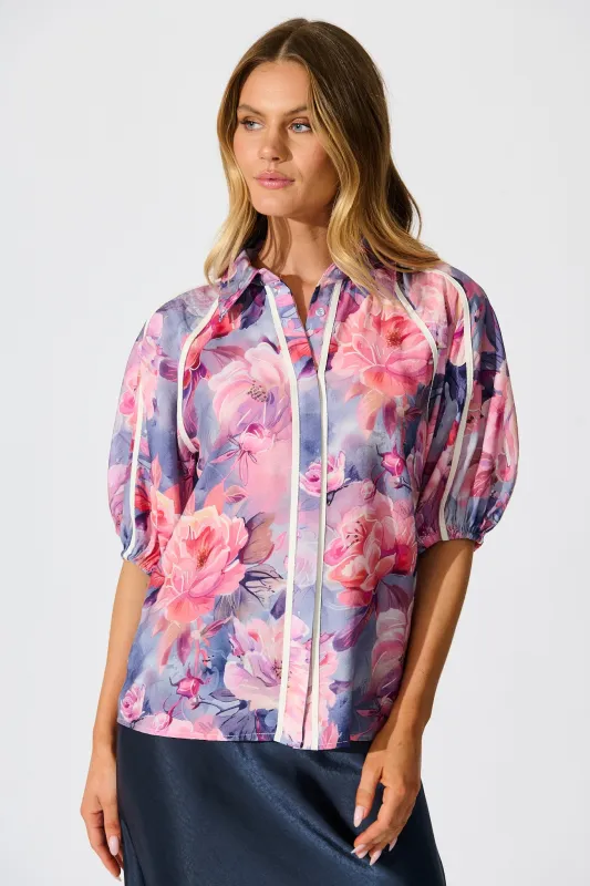 Amelio Shirt in Blue with Pink Floral sold by St Frock