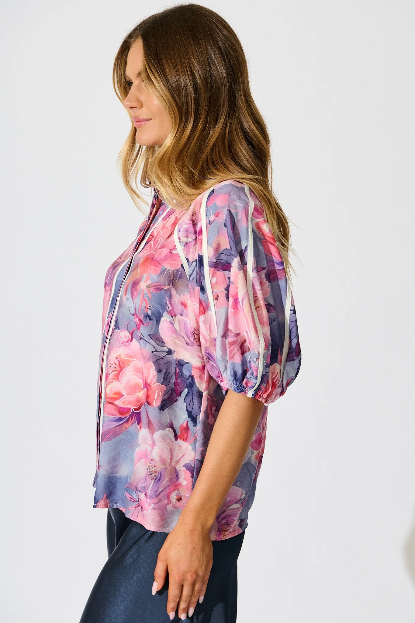 Amelio Shirt in Blue with Pink Floral sold by St Frock product image thumbnail 2