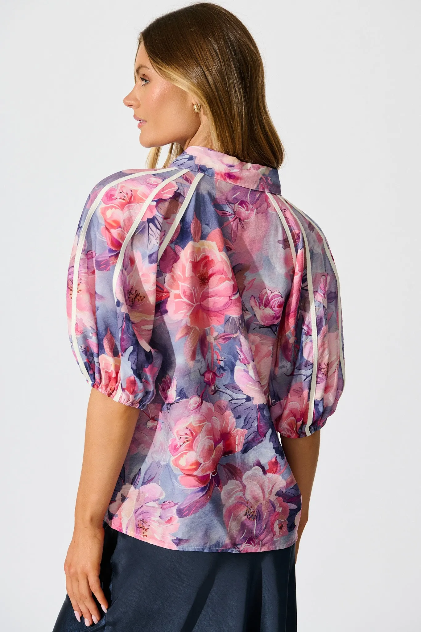 Amelio Shirt in Blue with Pink Floral sold by St Frock product image thumbnail 3