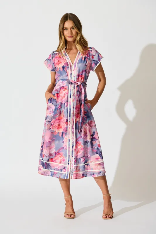 PRE ORDER Laylah Midi Dress in Blue with Pink Floral Cotton sold by St Frock