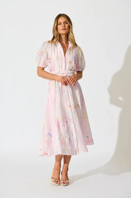 Mimi Maxi Shirt Dress in Light Pink Floral sold by St Frock