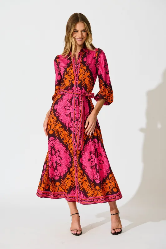 Aurelina Maxi Dress In Pink And Orange Floral Linen Blend sold by St Frock
