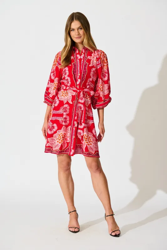 Risa Shirt Dress In Red Flower Linen Blend sold by St Frock