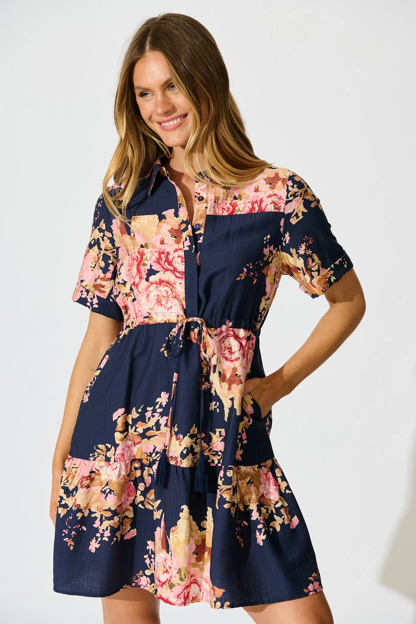 Delia Shirt Dress in Navy with Blush Floral sold by St Frock product image thumbnail 2