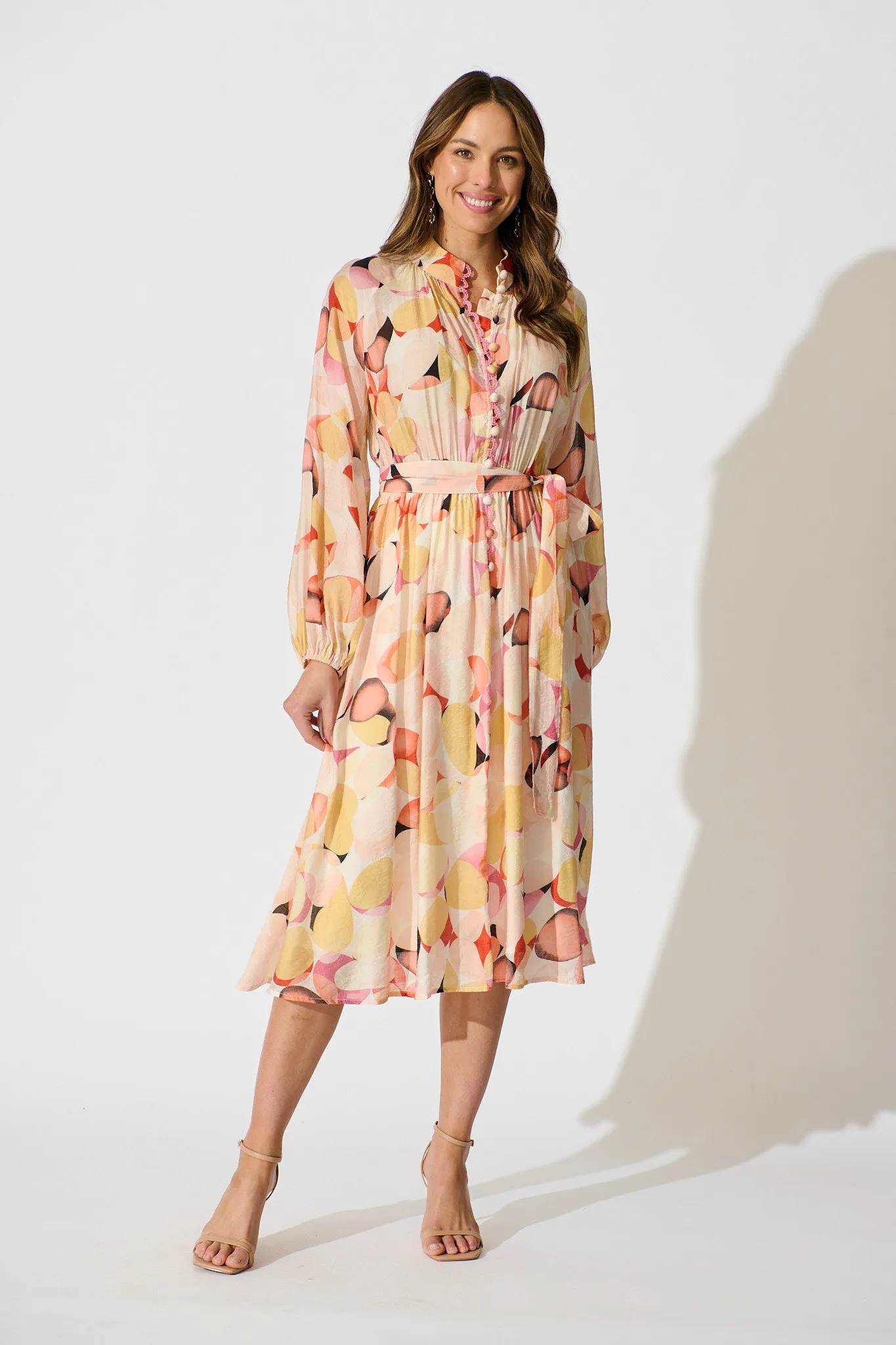 Isabeau Midi Dress in Pink with Multi Watercolour Spot sold by St Frock
