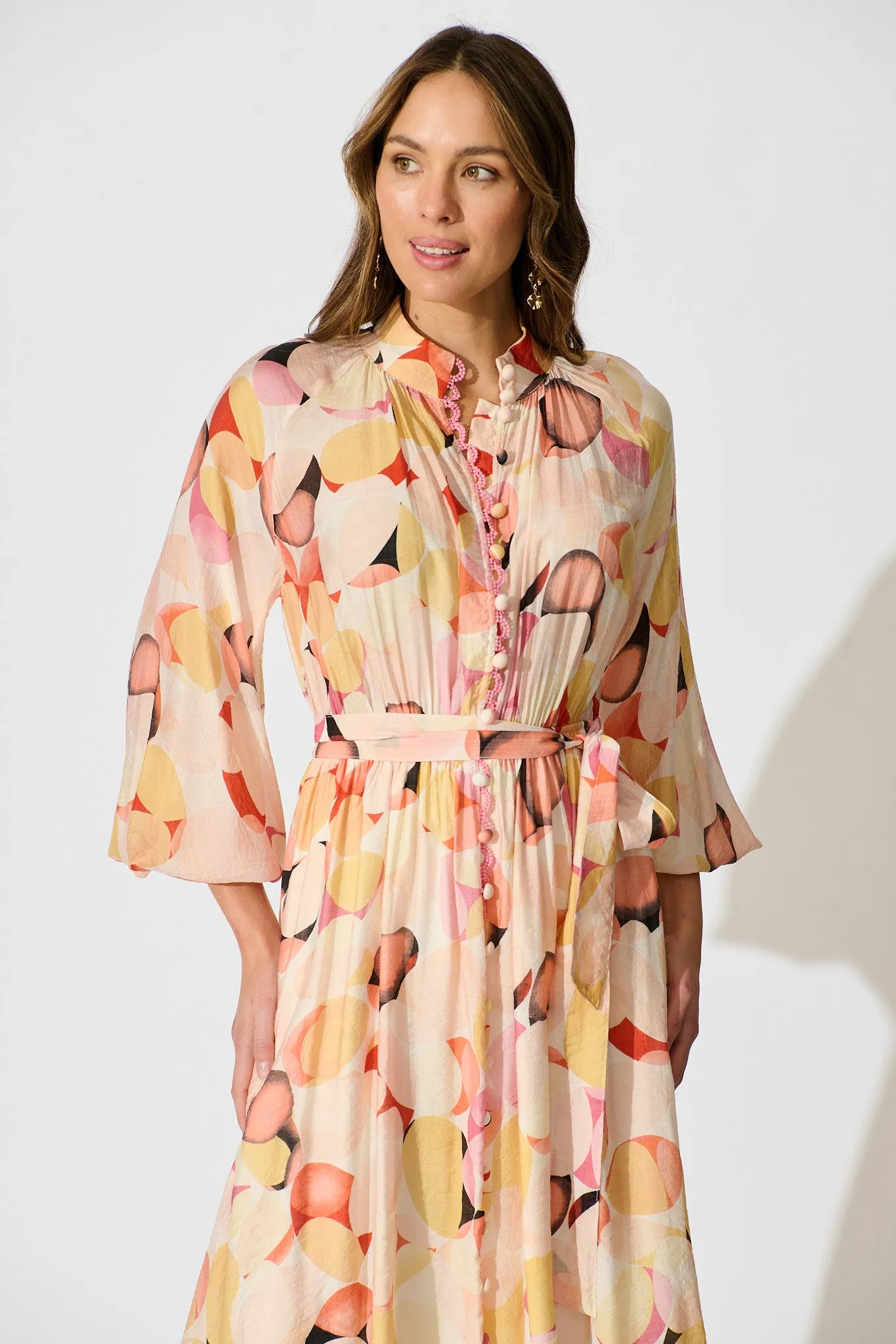 Isabeau Midi Dress in Pink with Multi Watercolour Spot sold by St Frock product image thumbnail 2