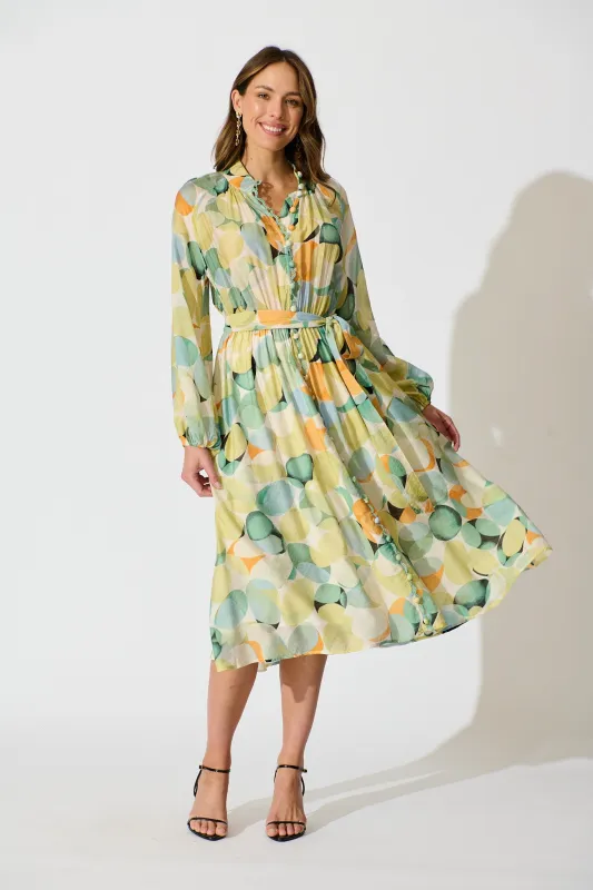 Isabeau Midi Dress in Green with Multi Watercolour Spot sold by St Frock