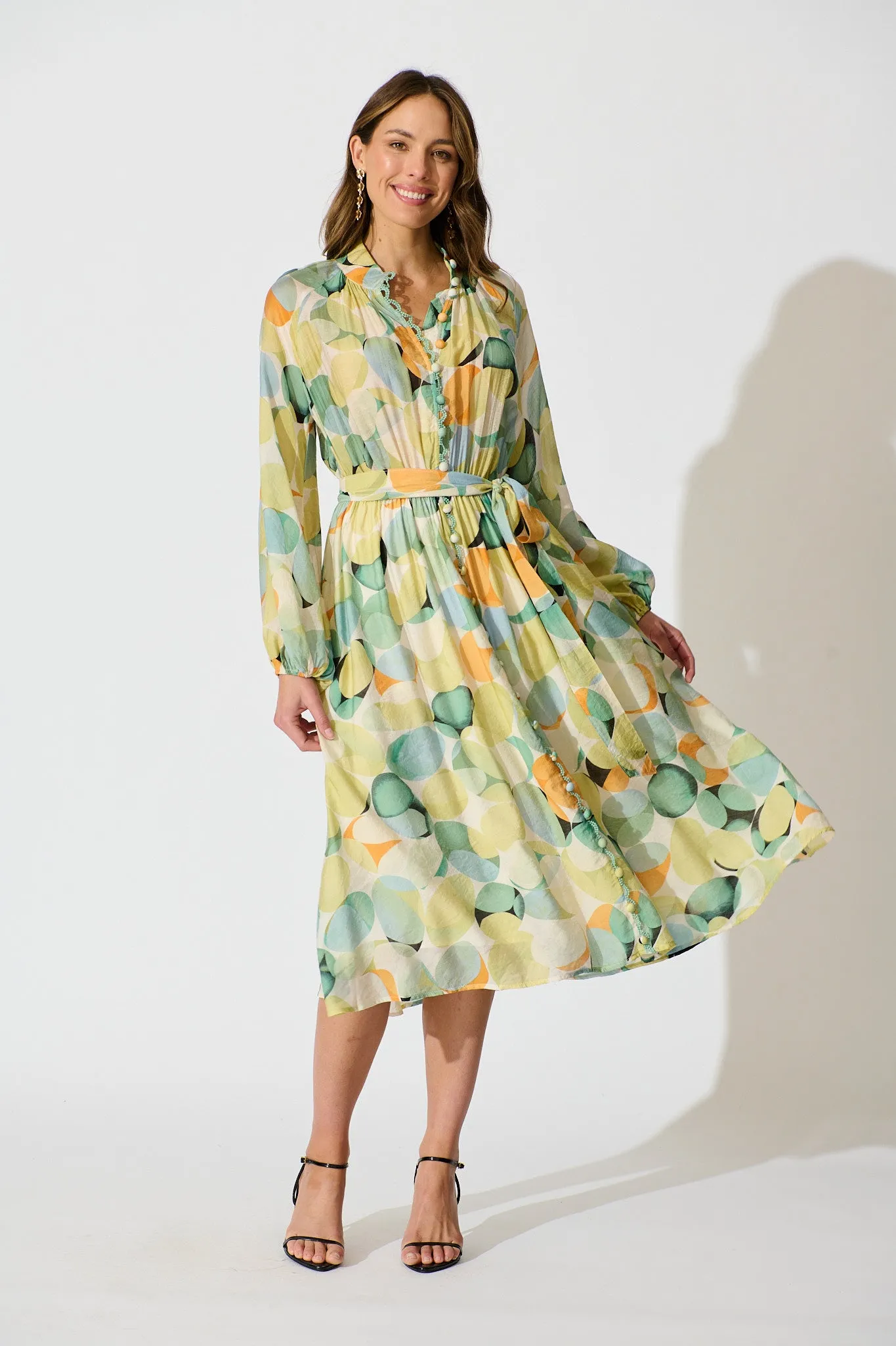 Isabeau Midi Dress in Green with Multi Watercolour Spot sold by St Frock