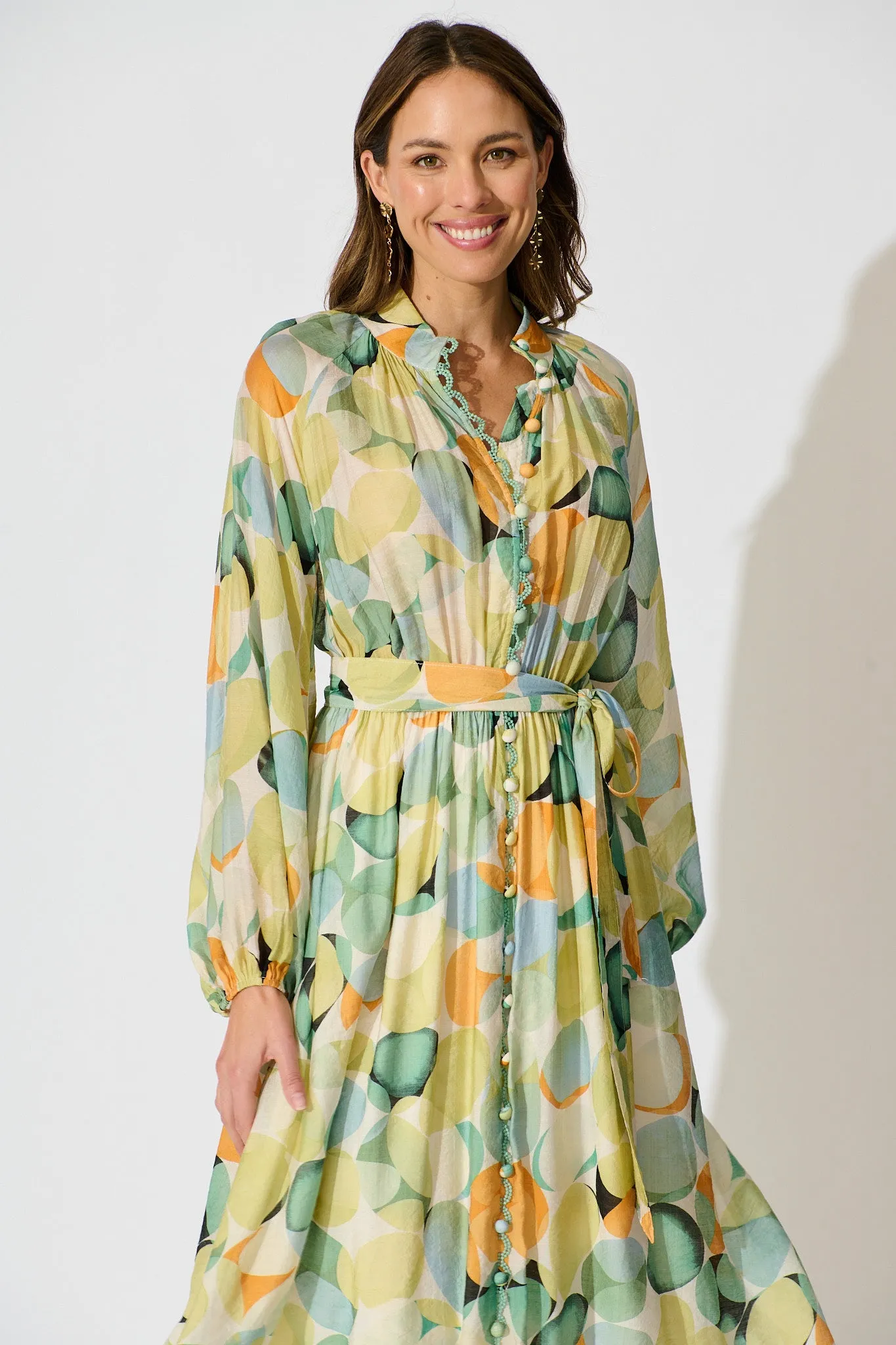 Isabeau Midi Dress in Green with Multi Watercolour Spot sold by St Frock product image thumbnail 2