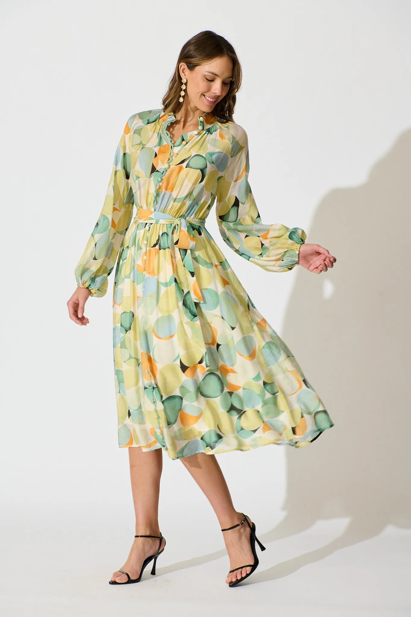 Isabeau Midi Dress in Green with Multi Watercolour Spot sold by St Frock product image thumbnail 3