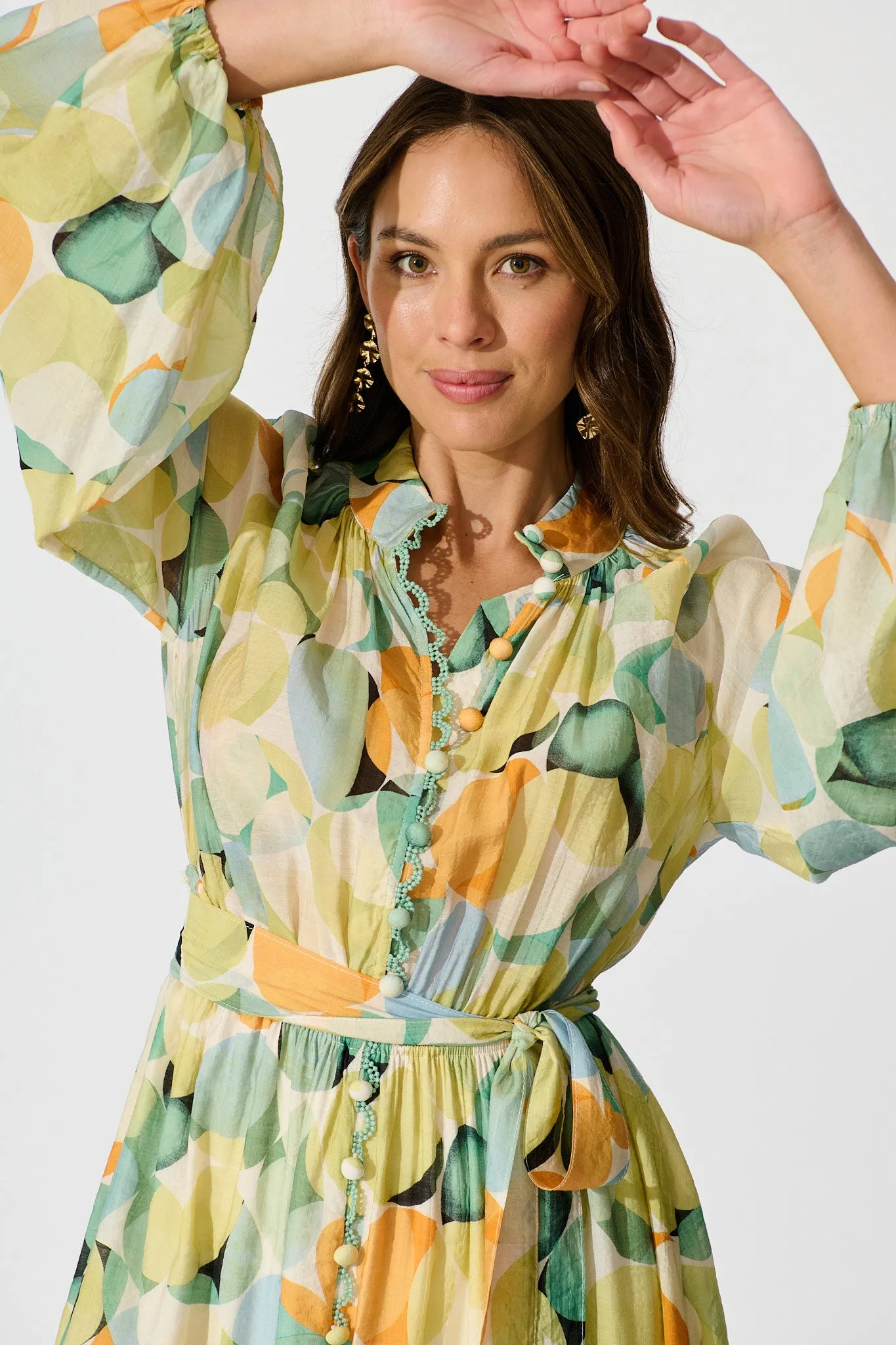 Isabeau Midi Dress in Green with Multi Watercolour Spot sold by St Frock product image thumbnail 5