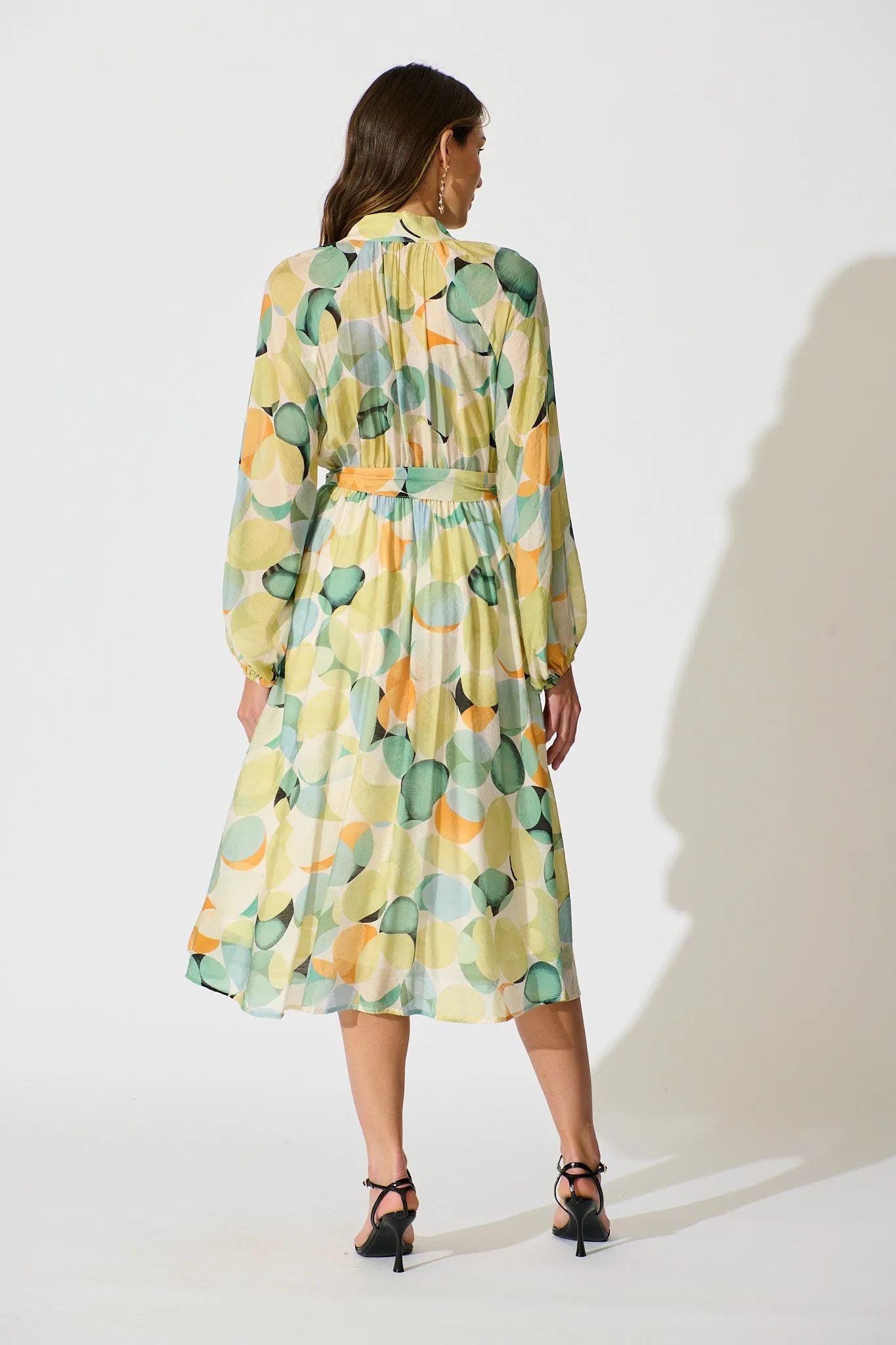 Isabeau Midi Dress in Green with Multi Watercolour Spot sold by St Frock product image thumbnail 4
