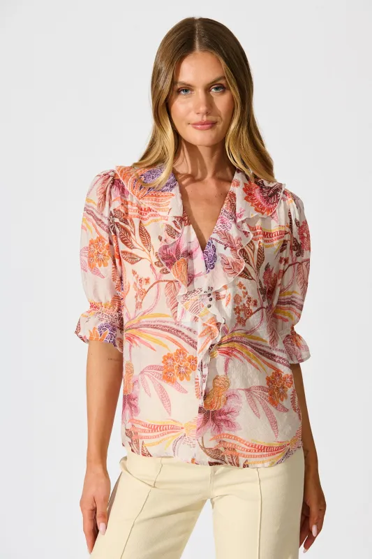 Mirella Top in Multi Tan Leaf Print sold by St Frock