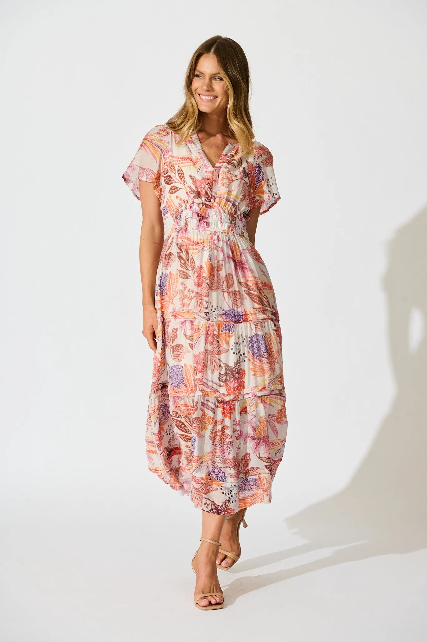 Monet Maxi Dress in Multi Tan Leaf Print sold by St Frock