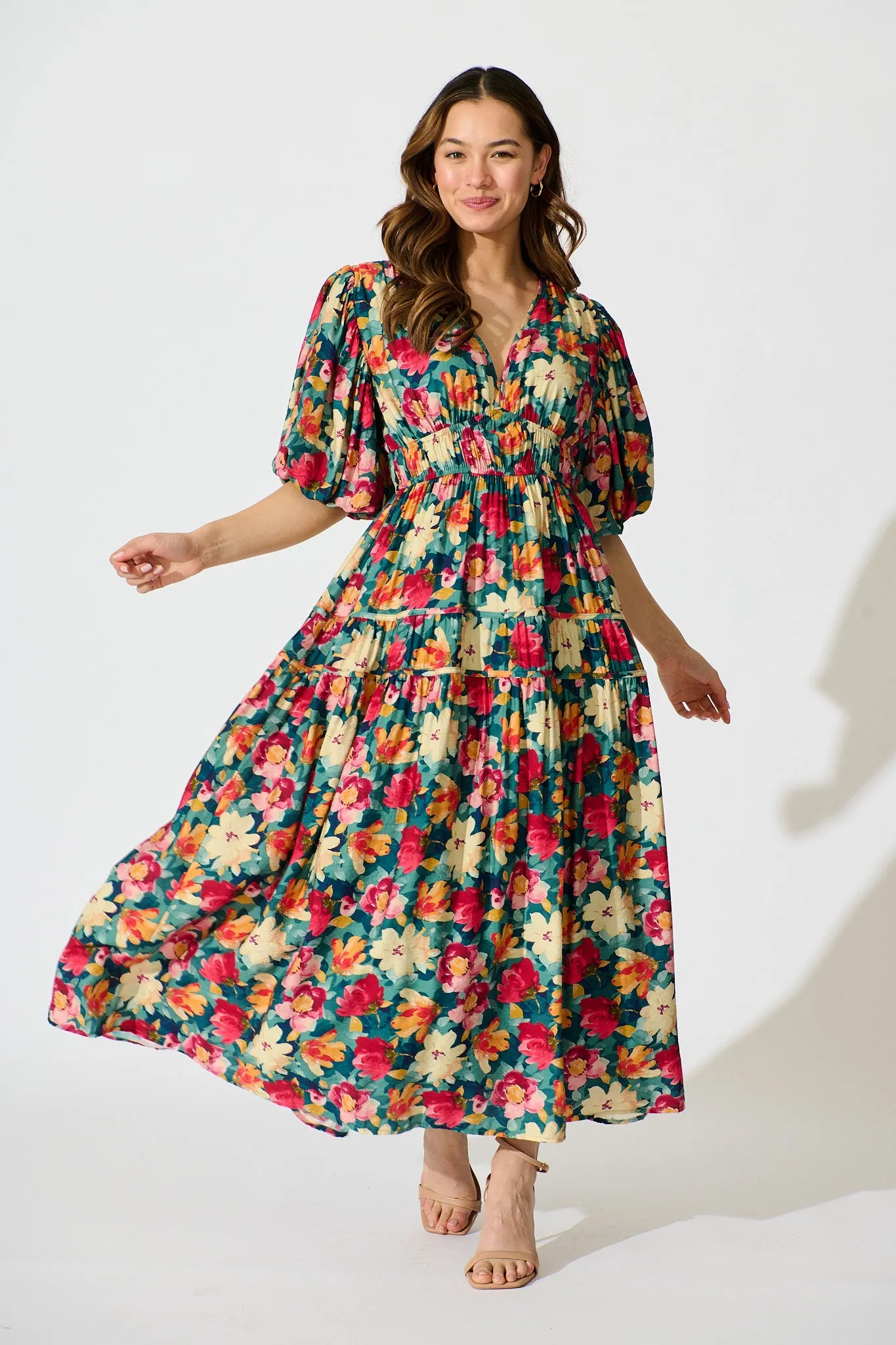 Amalie Midi Dress in Jade Floral Print sold by St Frock