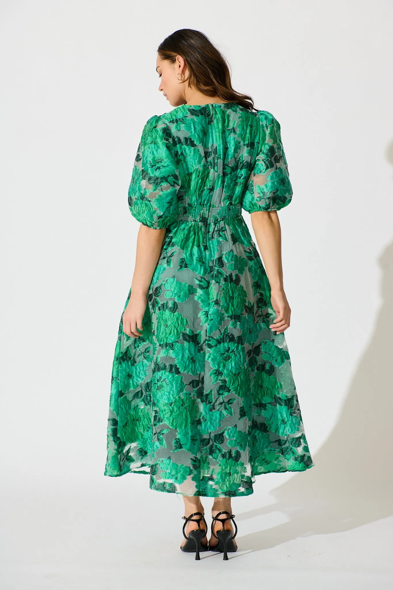 Opulence Midi Dress In Jade Green Organza Jacquard sold by St Frock product image thumbnail 4