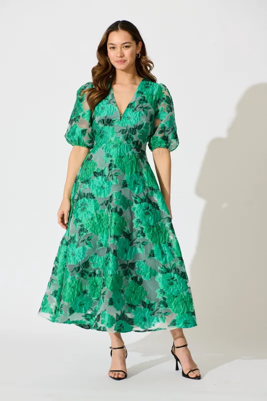 Opulence Midi Dress In Jade Green Organza Jacquard sold by St Frock