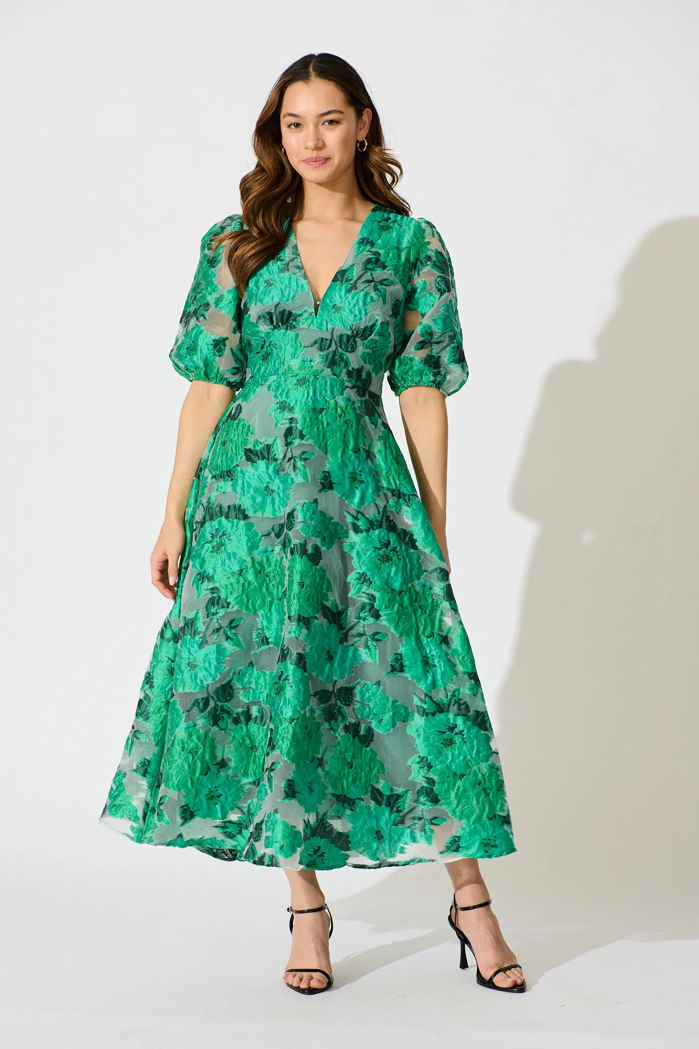 Opulence Midi Dress In Jade Green Organza Jacquard sold by St Frock