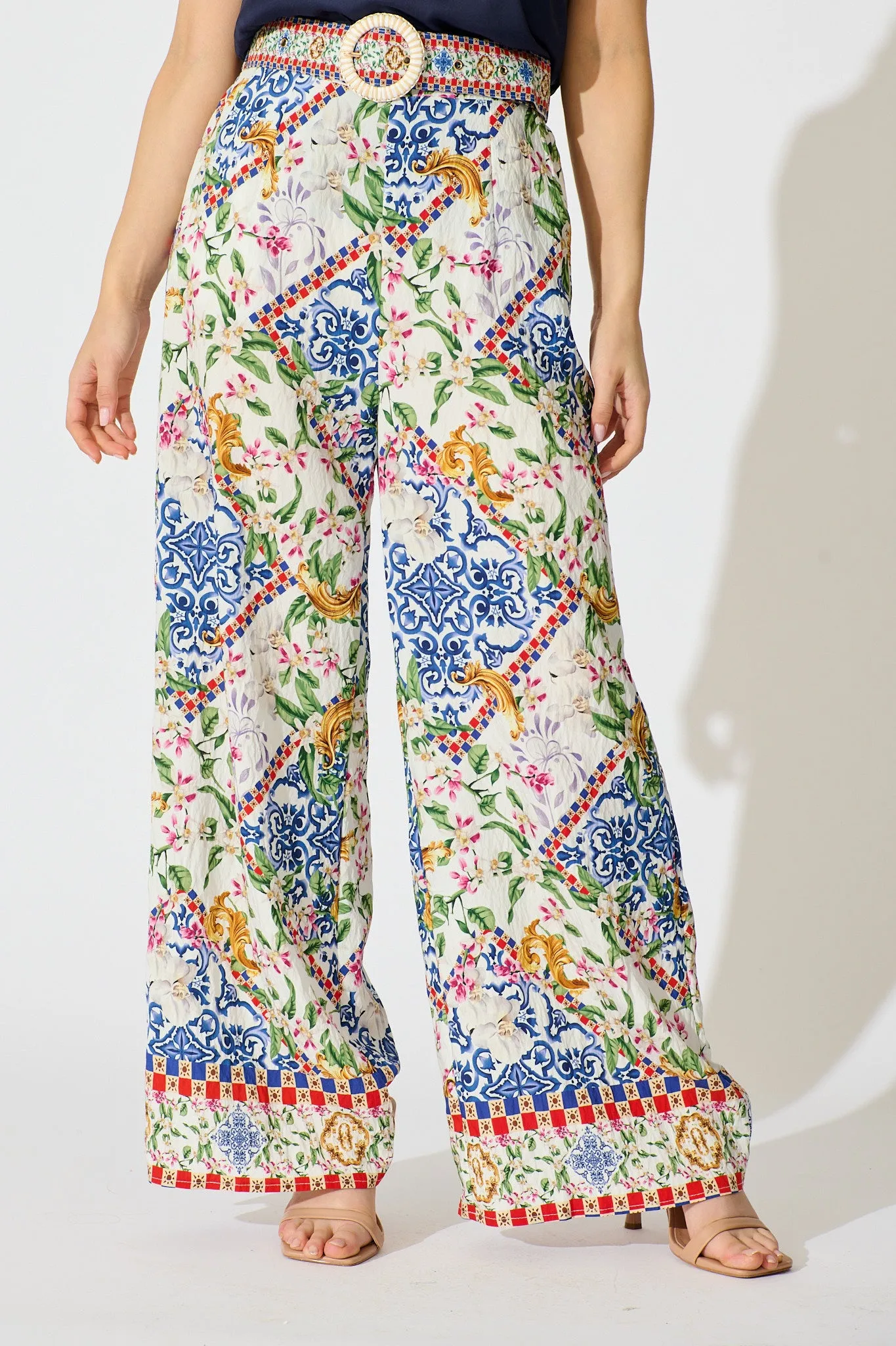 Villa Botanica Pant in White with Multi Print sold by St Frock